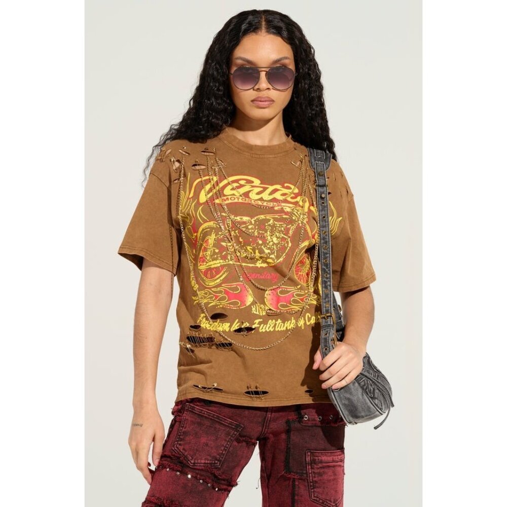 AKIRA Freedom Oversized Tee Size L Motorcycle Distressed Brown T-Shirt W/Chains
